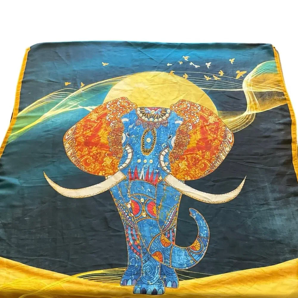 Oversized Elephant Scarf Blue Gold Satin Feel Polyester Wrap Shawl 35x69 Boho